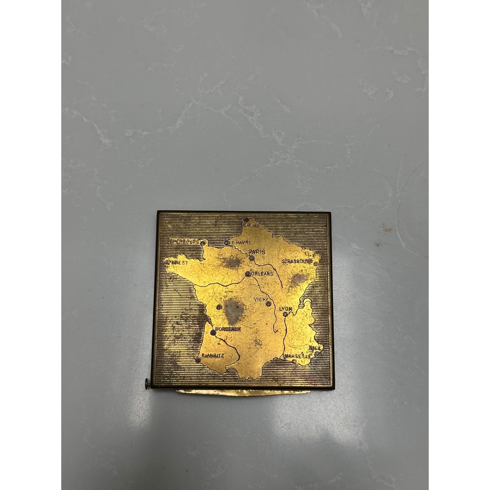 Vintage 1940s Map of France Compact Brass Mirror Powder Sifter European Souvenir